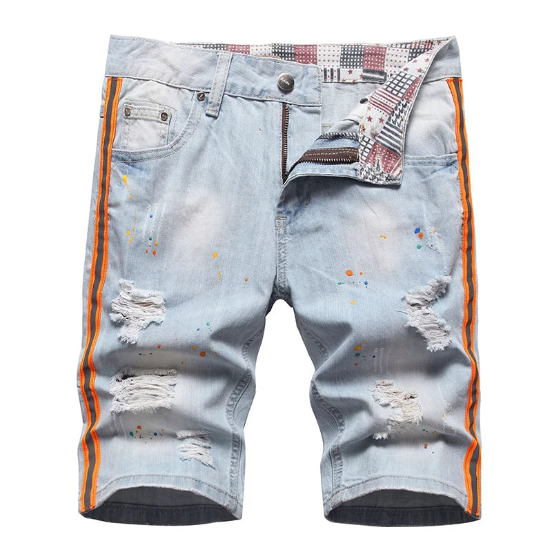2023 Summer New Mens Ripped Short Jeans Brand Clothing Bermuda Cotton Side Stripe Fluorescent Shorts Breathable Denim Shorts