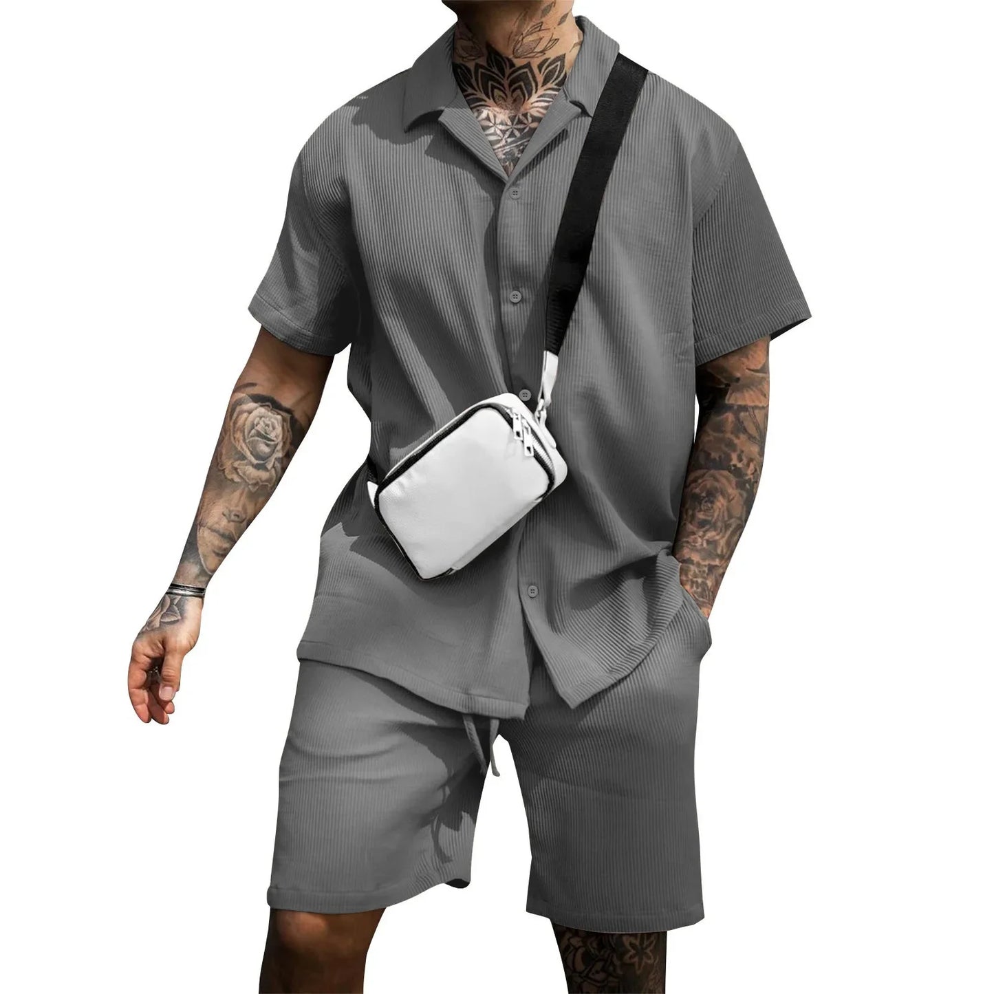 2023 Men's Sets New Casual Comfortable Button Short Sleeve Polo Shirt and Shorts Two Piece Set for Men Fashoin Sweatpants Suit