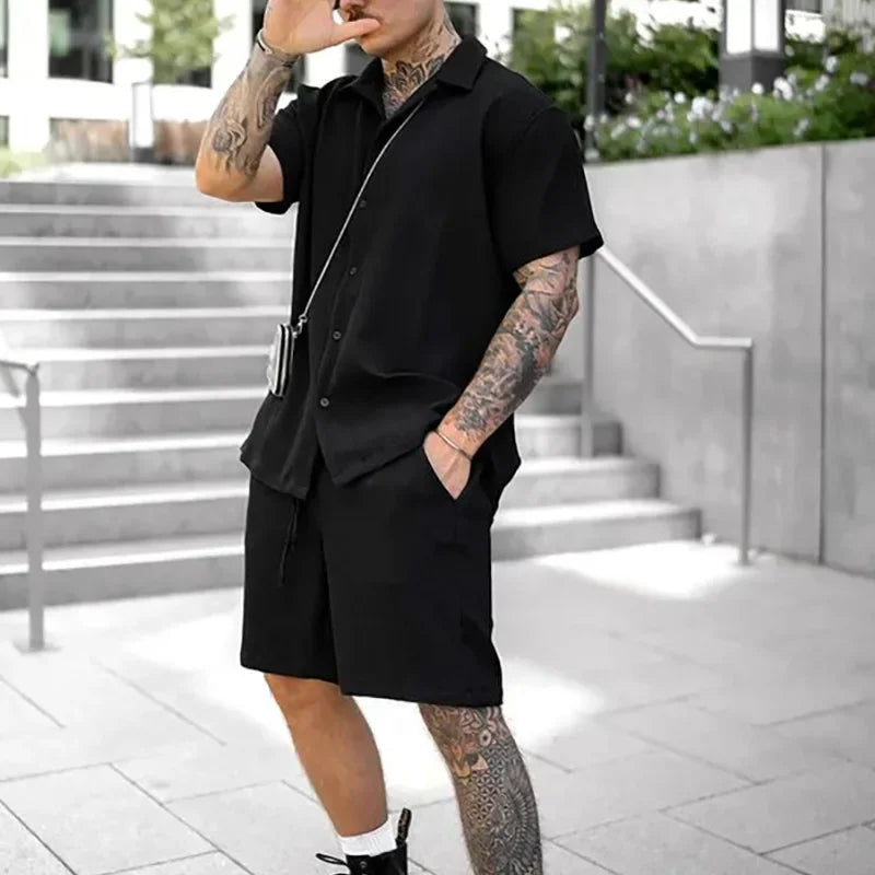 2023 Men's Sets New Casual Comfortable Button Short Sleeve Polo Shirt and Shorts Two Piece Set for Men Fashoin Sweatpants Suit