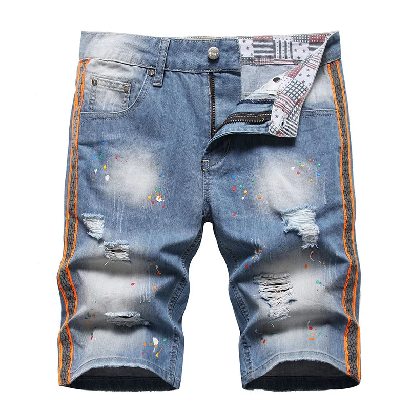 2023 Summer New Mens Ripped Short Jeans Brand Clothing Bermuda Cotton Side Stripe Fluorescent Shorts Breathable Denim Shorts