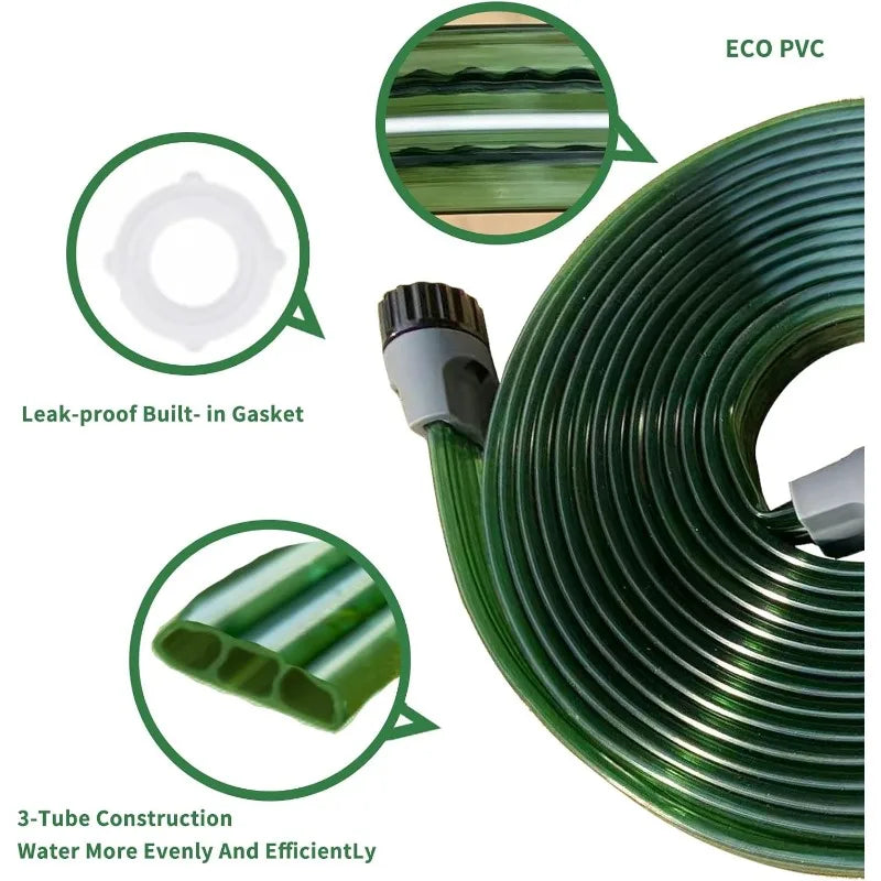150 FT (50FT*3) Flat Sprinkler Hose for Lawn Watering Garden Soaker Hose with Holes, Heavy Duty Lightweight No-Kink Water