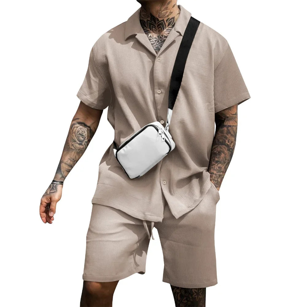 2023 Men's Sets New Casual Comfortable Button Short Sleeve Polo Shirt and Shorts Two Piece Set for Men Fashoin Sweatpants Suit