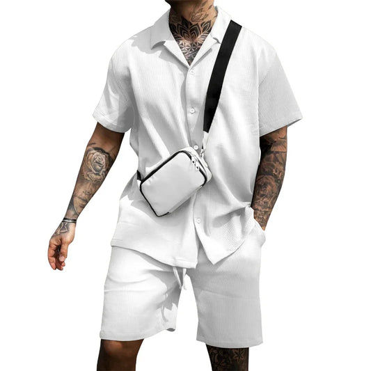 2023 Men's Sets New Casual Comfortable Button Short Sleeve Polo Shirt and Shorts Two Piece Set for Men Fashoin Sweatpants Suit